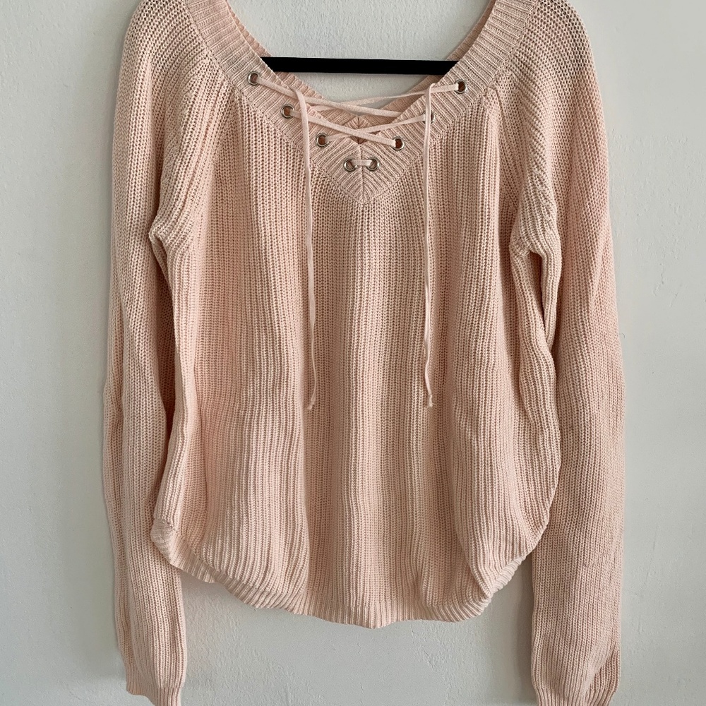 Light Pink Sweater with Lace Up Detail
